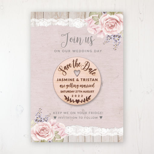 Mink Rose Backing Card with Wooden Save the Date Round Magnet