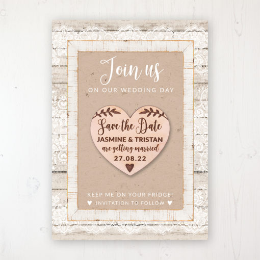 Natural Elegance Backing Card with Wooden Save the Date Heart Magnet
