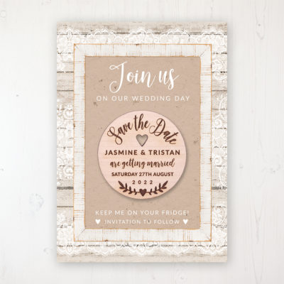 Natural Elegance Backing Card with Wooden Save the Date Round Magnet