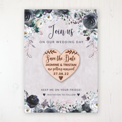 Navy Fleur Backing Card with Wooden Save the Date Heart Magnet