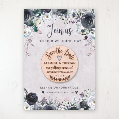 Navy Fleur Backing Card with Wooden Save the Date Round Magnet