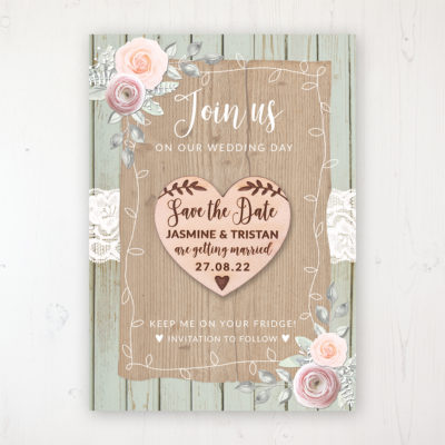 Ophelia Sage Backing Card with Wooden Save the Date Heart Magnet
