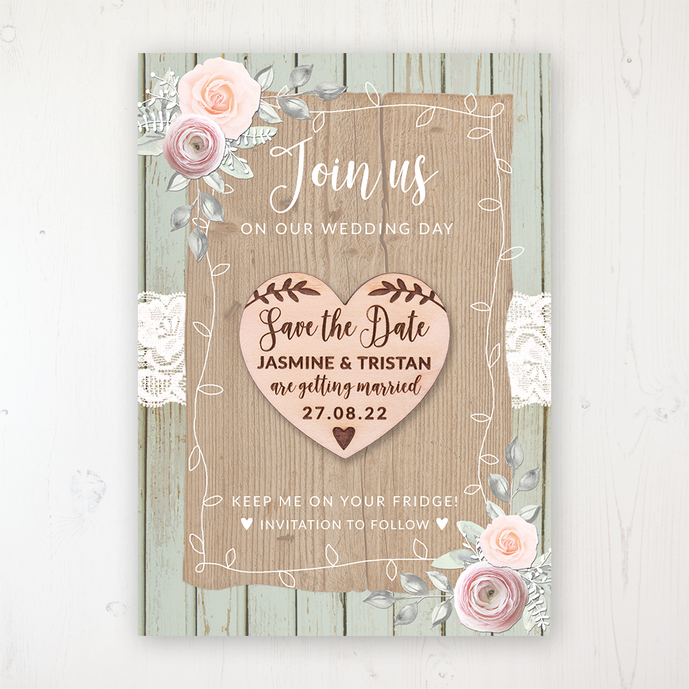 PERSONALISED Pink Wedding Save The Date Cards Rustic Wood Fridge Magnets Boho 