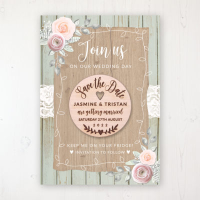 Ophelia Sage Backing Card with Wooden Save the Date Round Magnet