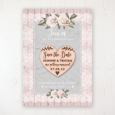 Powder Rose Backing Card with Wooden Save the Date Heart Magnet