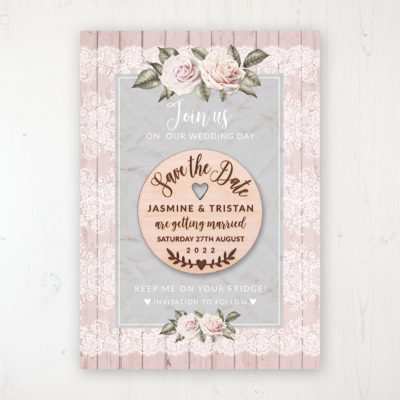 Powder Rose Backing Card with Wooden Save the Date Round Magnet