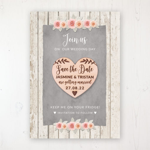 Rose Cottage Backing Card with Wooden Save the Date Heart Magnet