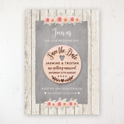 Rose Cottage Backing Card with Wooden Save the Date Round Magnet