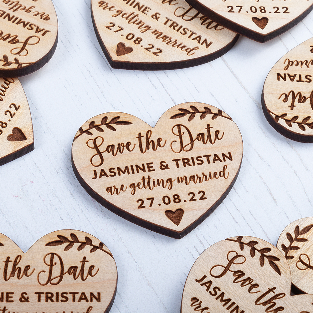 Personalised Engraved Wooden Heart Save The Date Wedding Fridge Magnet Invites