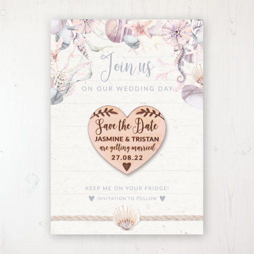 Shoreline Treasure Backing Card with Wooden Save the Date Heart Magnet