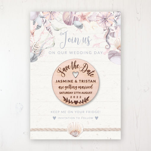 Shoreline Treasure Backing Card with Wooden Save the Date Round Magnet