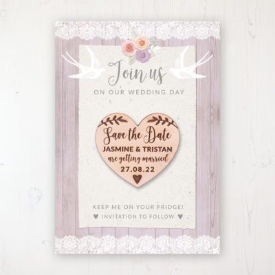 Vintage Birdcage Backing Card with Wooden Save the Date Heart Magnet
