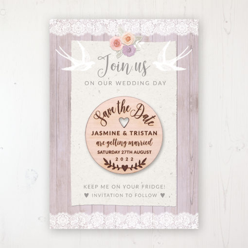 Vintage Birdcage Backing Card with Wooden Save the Date Round Magnet