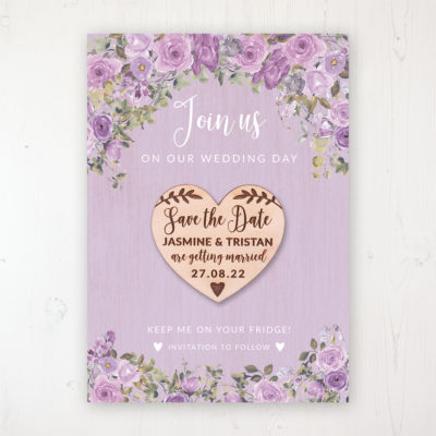 Wild Lavender Backing Card with Wooden Save the Date Heart Magnet