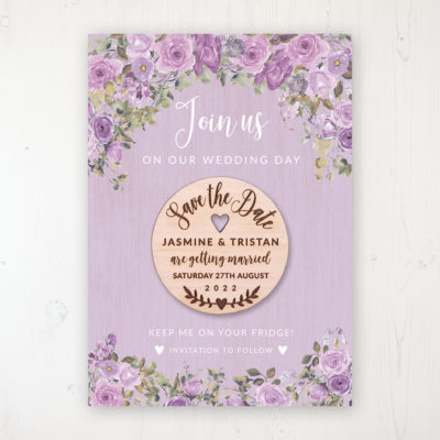 Wild Lavender Backing Card with Wooden Save the Date Round Magnet