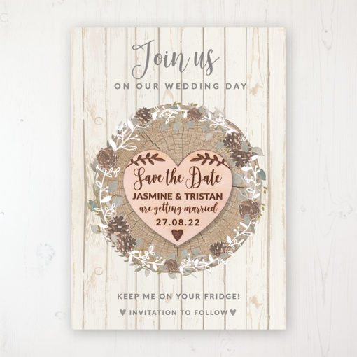 Wild Woodland Backing Card with Wooden Save the Date Heart Magnet