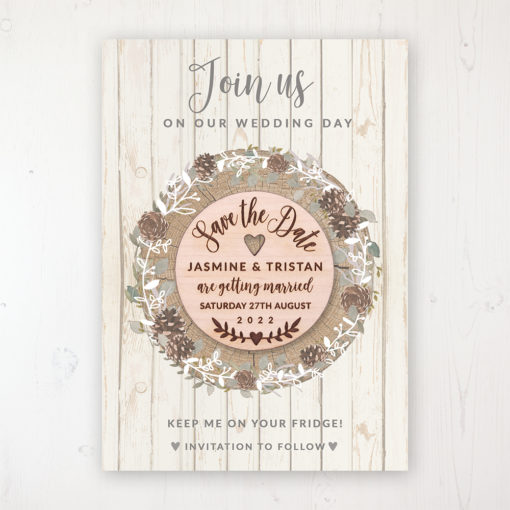 Wild Woodland Backing Card with Wooden Save the Date Round Magnet