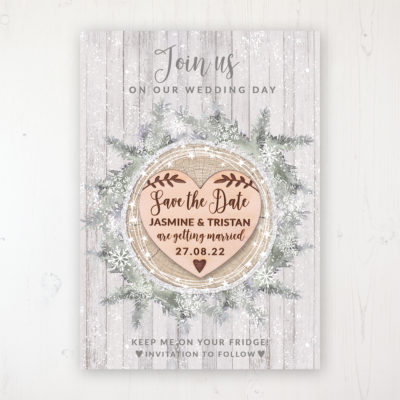 Winter Wonderland Backing Card with Wooden Save the Date Heart Magnet