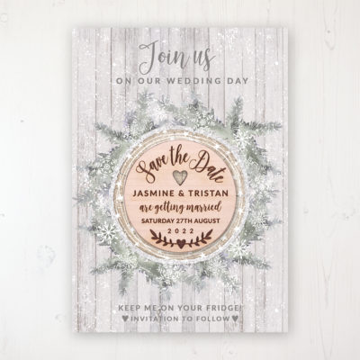 Winter Wonderland Backing Card with Wooden Save the Date Round Magnet