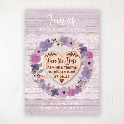 Wisteria Garden Backing Card with Wooden Save the Date Heart Magnet