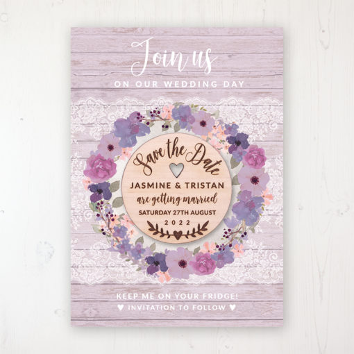 Wisteria Garden Backing Card with Wooden Save the Date Round Magnet